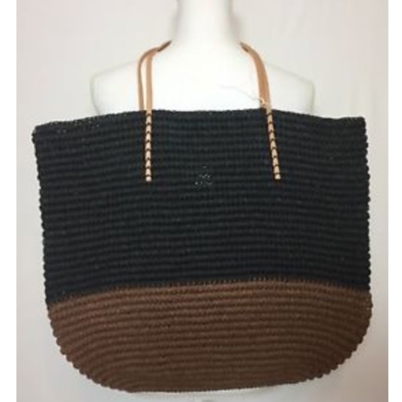 Merona Handbags - Merona Leather Straw Tote Bag Black/Brown NWOT